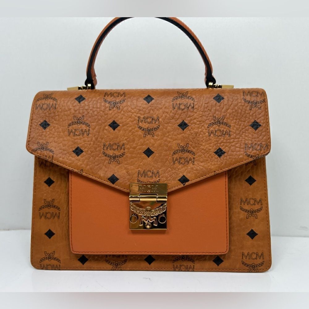 MCM Visetos Medium Patricia Pocket Satchel Cognac
